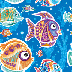 Seamless Pattern with Decorative fishes and Corals - 761580423