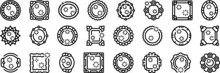 Scallop frame icons set outline vector. Ellipse rectangle. Wave border curved - obrazy, fototapety, plakaty