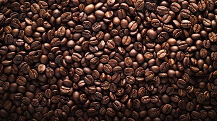 Creative coffee banner panorama wallpaper, seamless pattern texture - Top view of brown roasted coffee beans, top view