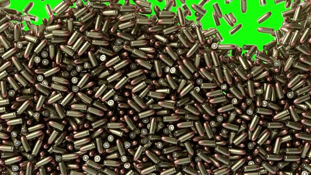 A lot bullets falling down. Ammunition drooping and stacking. Many ammo raining down and fill in the screen. Enormous number of bullets 4k animation with green screen, on chroma key.