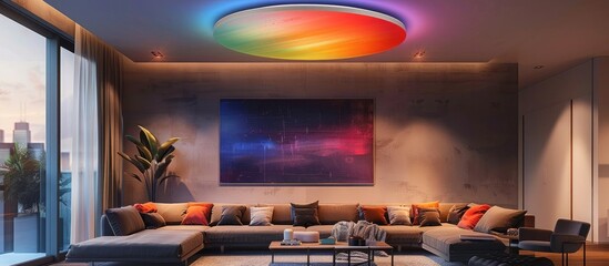 Vibrant Living Room with Rainbow Ceiling Light and Abstract Painting