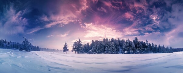 panoramic photo of an incredible winter landscape, vast snow-covered fields with tall evergreen trees in the distance, dark blue and purple sky Generative AI