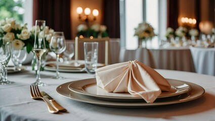 A beautifully folded paper napkin lies next to a plate on a set table at a banquet. Light stylish photo. Beige festive view with candles for celebration of wedding. Empty glasses, flowers on the table