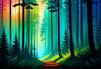 Silhouette Gradient Forest Art, Silhouette, Gradient, Forest, Art, Trees, Woods, Landscape, Nature, Dark, Shadow, Outline, Backdrop, AI Generated.