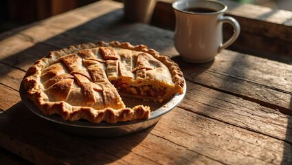 Freshly baked homemade pie lies on a wooden table. A cup of tea. Cozy homely atmosphere. Sunlight