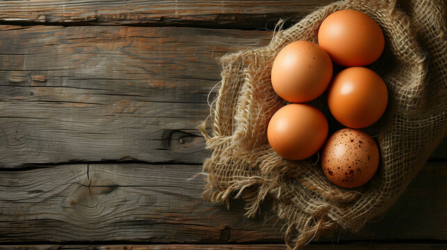 Top view of fresh eggs on wooden