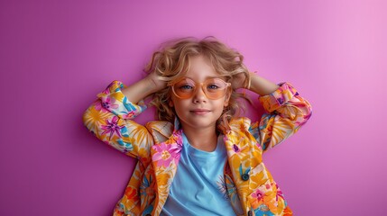 Photo of a cute and optimistic boy wearing stylish summer clothes, arms touching his head. Isolated on purple background. - obrazy, fototapety, plakaty