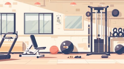 Interior of modern gym with equipment,  illustration in flat style
