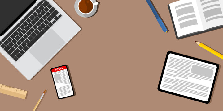 The table with a laptop, a tablet, a notebook, a pen, coffee, vector of illustration, empty space