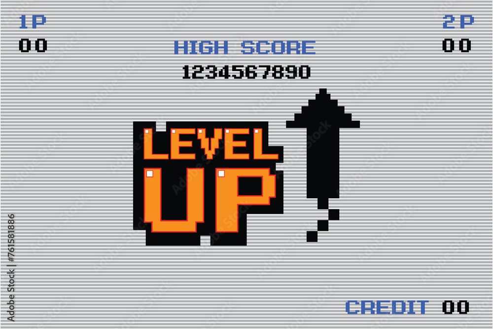 Aufkleber level up symbol. pixel art .8 bit game. retro game. for game assets in vector illustrations.