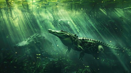 crocodile monsters under lake water a monster among the algae - obrazy, fototapety, plakaty