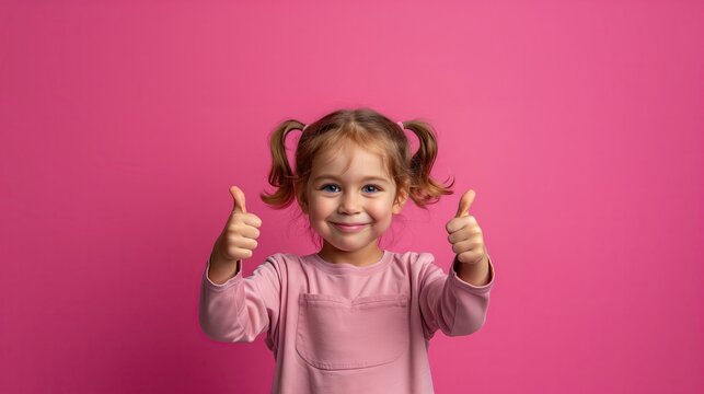 Photo of a positive little girl I'm glad I'm wearing stylish clothes. Show your thumb to indicate that you like it. Isolated on pink background.