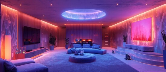 Futuristic Living Room with LED Lighting and Blue Tones Showcasing a Relaxing, High-Tech Entertainment Space