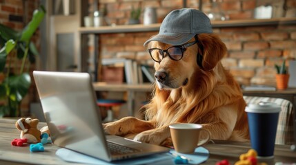 a golden retriever dog wearing glasses and a cap working on a laptop. On the desk are dog toys scattered around and also coffee cup - obrazy, fototapety, plakaty