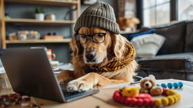 a golden retriever dog wearing glasses and a cap working on a laptop. On the desk are dog toys scattered around and also coffee cup
