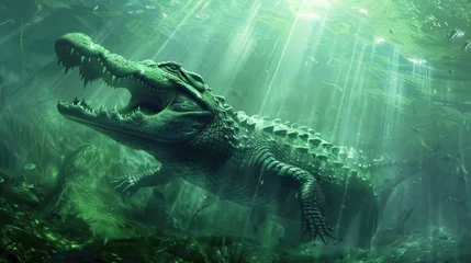Poster Im Rahmen crocodile monsters under lake water a monster among the algae © Pungu x