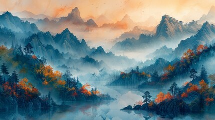 Hand-painted, Chinese style, artistic conception landscape painting, golden texture. Ink landscape painting. Modern Art. Prints, wallpapers, posters, murals, carpets...