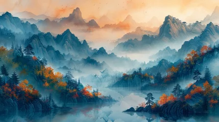 Glasschilderij Blauwgroen Hand-painted, Chinese style, artistic conception landscape painting, golden texture. Ink landscape painting. Modern Art. Prints, wallpapers, posters, murals, carpets...