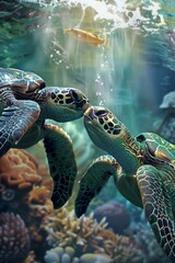  kissing sea turtles, blurred background 