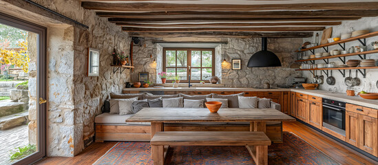 interior of a beautiful country house, kitchen with a table 