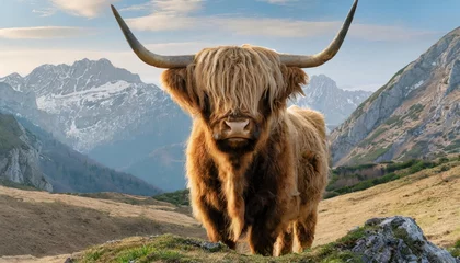 Photo sur Plexiglas Highlander écossais  A highland cow with huge, prevalent horns gazes at the camera.