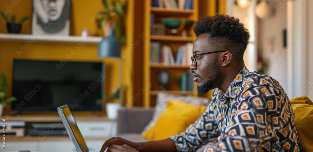 Poster man sitting on couch using laptop computer generative ai