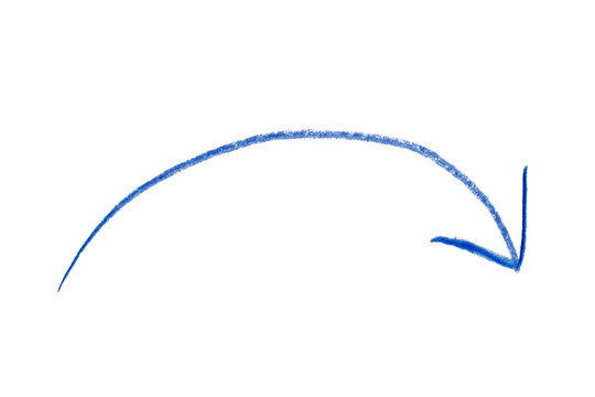 Arrow sign drawn with blue crayon pencil isolated on transparent background