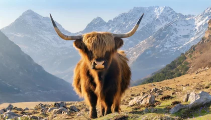 Store enrouleur occultant sans perçage Highlander écossais  A highland cow with huge, prevalent horns gazes at the camera.