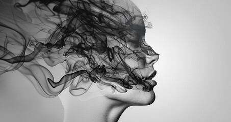 Black and white realistic illustration, in the form of smoke who takes the form of the woman's head.  - obrazy, fototapety, plakaty
