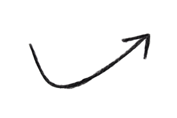 Arrow sign drawn with black crayon pencil isolated on transparent background	