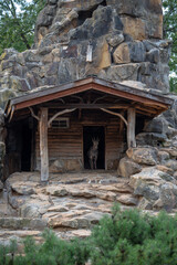 goat at the entrance of a cabin looking at the camera