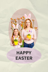 Creative abstract template collage of cute family mother daughter hold flower pots eggs easter...