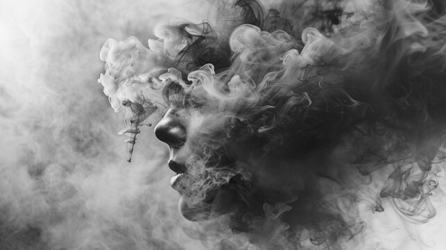 Black and white realistic illustration, in the form of smoke who takes the form of the woman's head. 