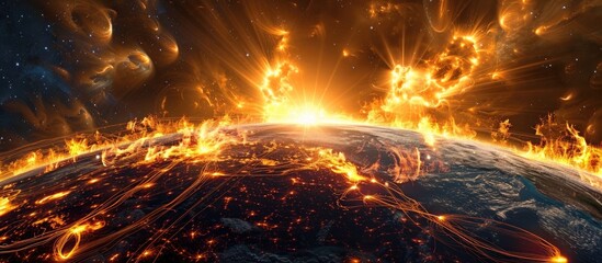 Planet Earth Engulfed in Fiery Inferno: A Spectacle of Apocalyptic Destruction in Space - obrazy, fototapety, plakaty