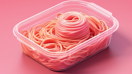 Pink spaghetti in nest shape in plastic take away container on minimalist pink background