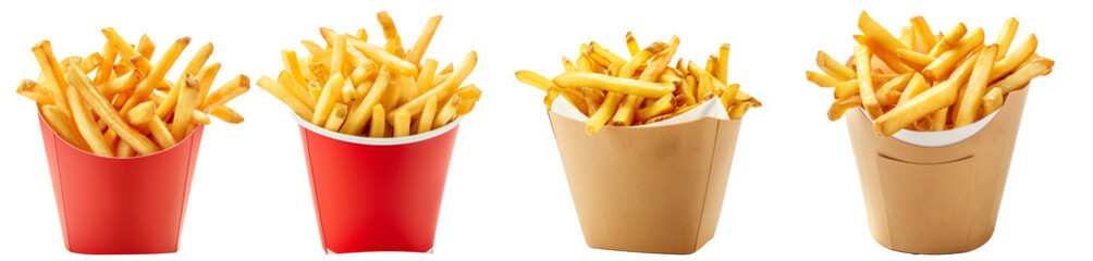 Crispy french fries served in a convenient takeaway container (red container and paper container) , isolated on transparent background