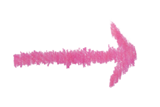 Arrow sign drawn with pink crayon pencil isolated on transparent background