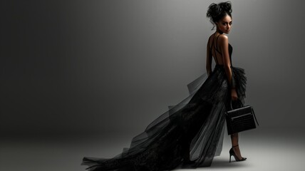 Model with dramatic pose in designer gown