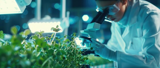In a futuristic lab a scientist analyzes microgreens under a microscope highlighting their nutrient density 3D render backlighting effects - obrazy, fototapety, plakaty