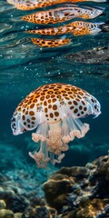 jellyfish with a leopard print pattern floating underwater. 