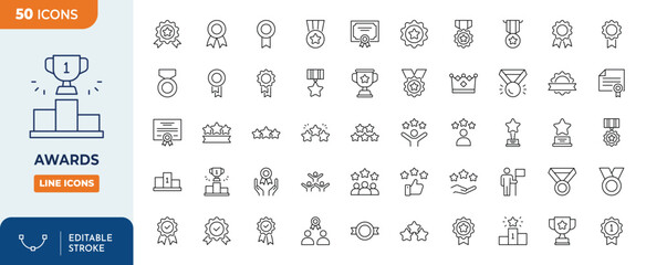 Awards icon set. containing badge, trophy, certificate, and more. Outline Icon Collection. Editable stroke. Vector illustration