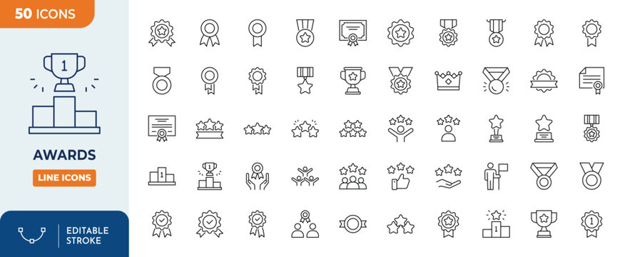 Awards icon set. containing badge, trophy, certificate, and more. Outline Icon Collection. Editable stroke. Vector illustration