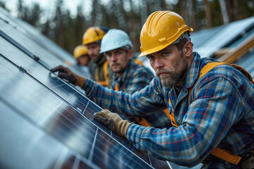 A man in a yellow hard hat is working on a solar panel - Powered by Adobe