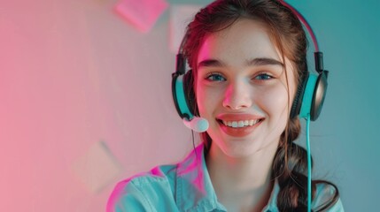 Happy smiling woman working in call center with headphones with microphone in high resolution and high quality HD - obrazy, fototapety, plakaty