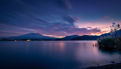 Fototapeta na wymiar Landscape image of Mt. Fuji over Lake Kawaguchiko at sunset in Fujikawaguchiko, Japan.