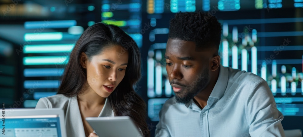 Poster businessman and woman analyzing data on computer screen generative ai