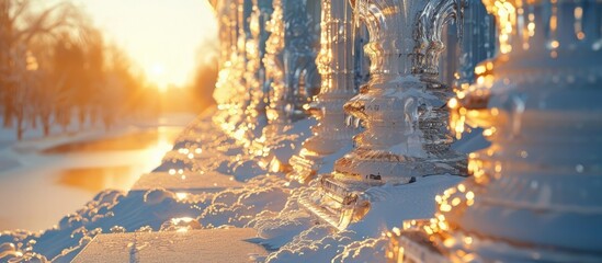 Ice Sculptures Bathed in Warm Winter Sun's Golden Light Creating an Enchanting Winter Landscape