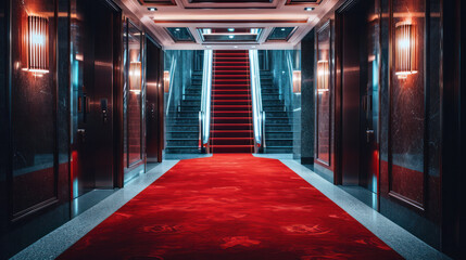 Presentation with red carpet Red Event Carpet, Stair and Gold Rope Barrier Concept of Success and Triumph. - obrazy, fototapety, plakaty