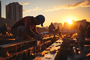 Master carpenters perform woodwork on a construction site. Reinforcement of metal structures on a multistorey building.