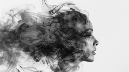 Fototapeta premium Black and white realistic illustration, in the form of smoke who takes the form of the woman's head. 